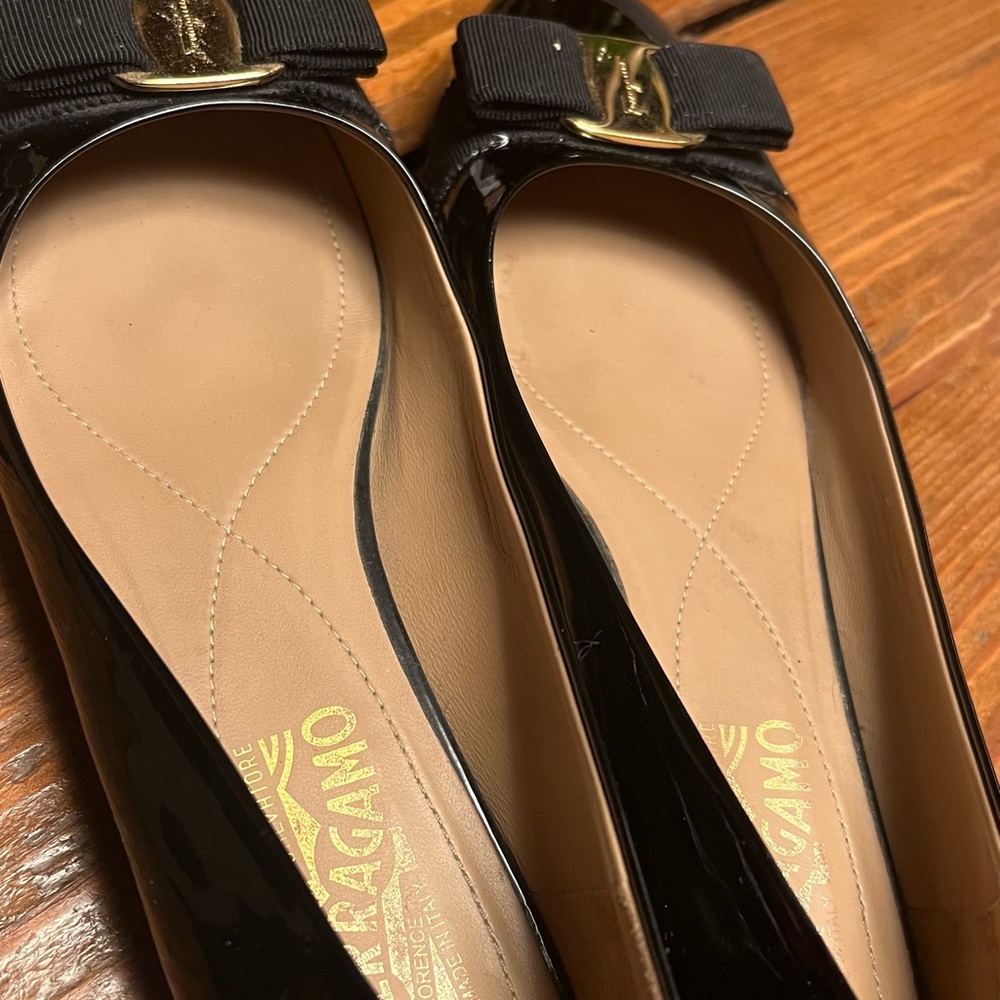 Salvatore Ferragamo Black Patent Leather Loafers with Gold Accent